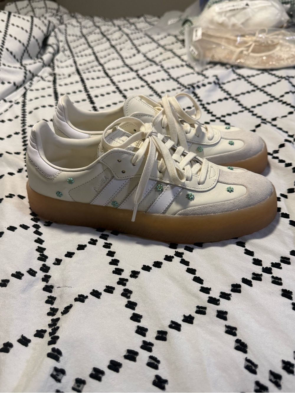 Adidas Women's Cream Samba Platform Sneakers with Gum Sole and Mint Flowers